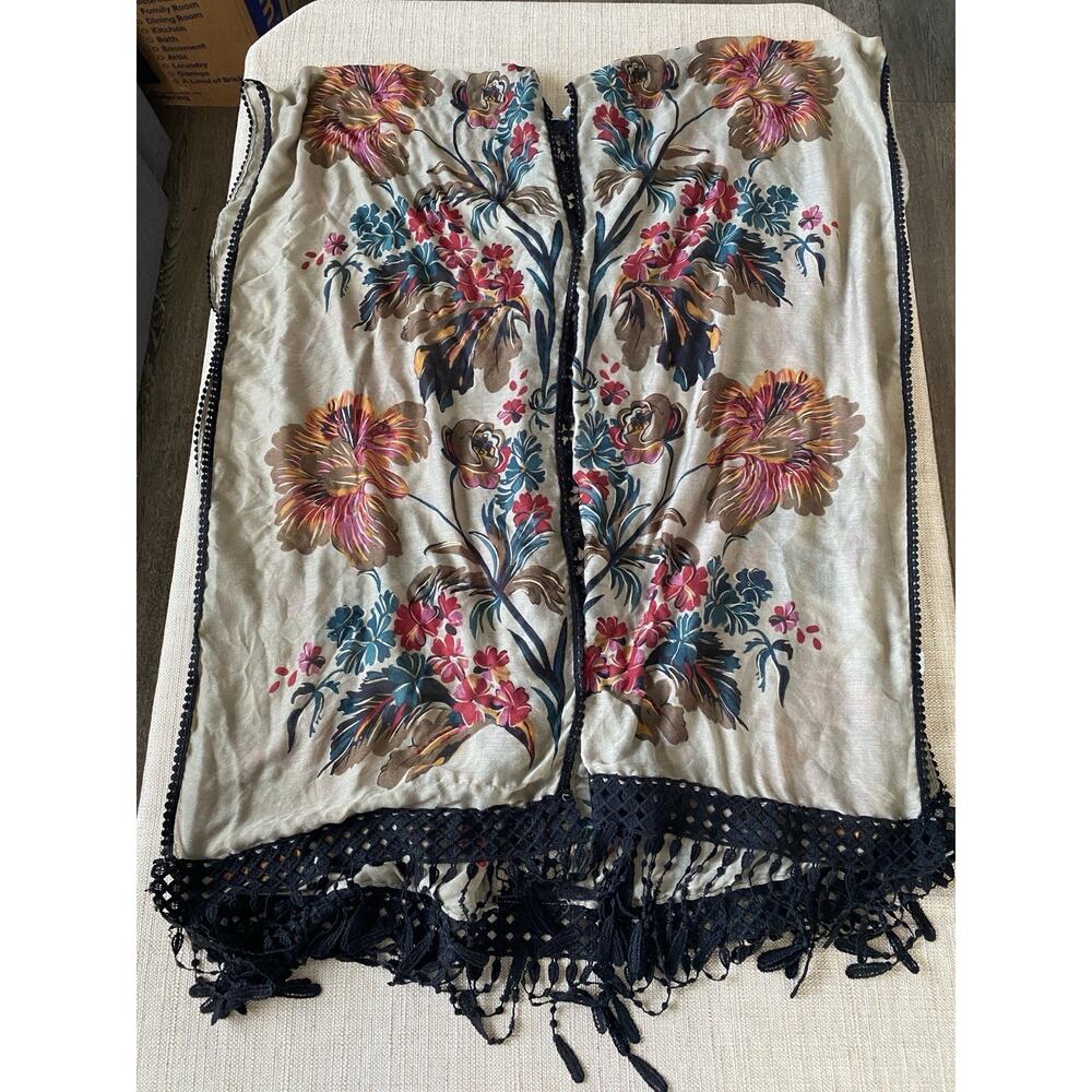 Woven Heart Boho Kimono Duster Floral Lace Fringe Black Taupe Size L